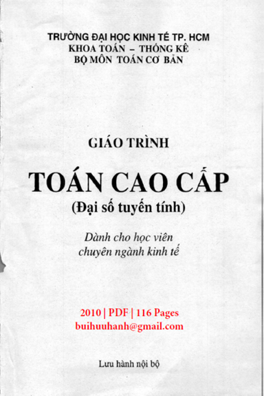 Giáo Trình Toán Cao Cấp-Đại Số Tuyến Tính (NXB Kinh Tế 2010) - Nguyễn Văn Nhân, 116 Trang