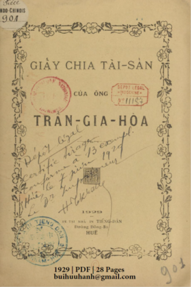 Giấy Chia Tài Sản Của Ông Trần Gia Hòa (NXB Tiếng Dân 1929) - Trần Gia Hòa, 28 Trang