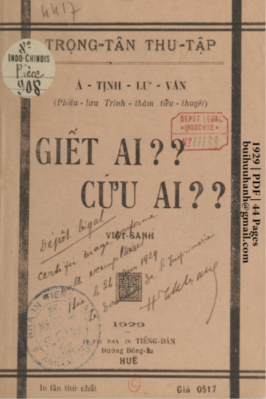 Giết Ai Cứu Ai (NXB Tiếng Dân 1929) - Á Tịnh Lưu Vân, 44 Trang