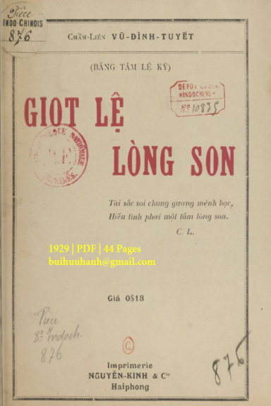 Giọt Lệ Lòng Son (NXB Nguyễn Kính 1929) - Vũ Đình Tuyết, 44 Trang
