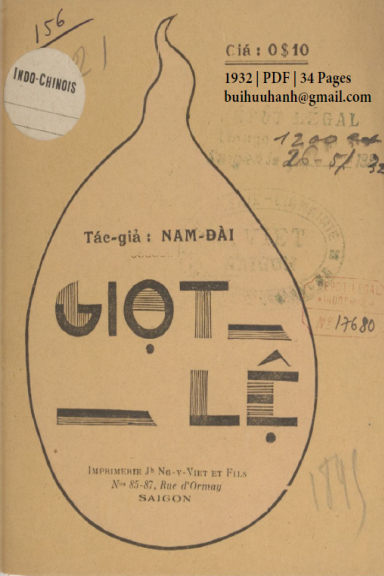 Giọt Lệ (NXB Nguyễn Văn Viết 1932) - Nam Đài, 34 Trang