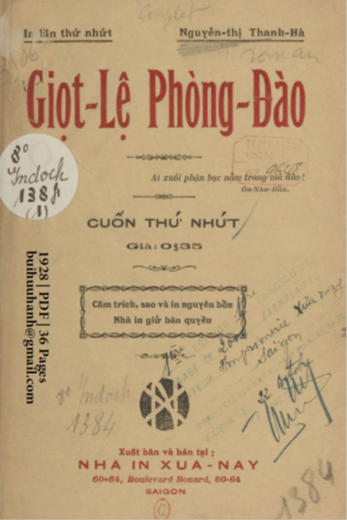 Giọt Lệ Phòng Đào Cuốn 1 (NXB Xưa Nay 1928) - Nguyễn Thị Thanh Hà, 36 Trang