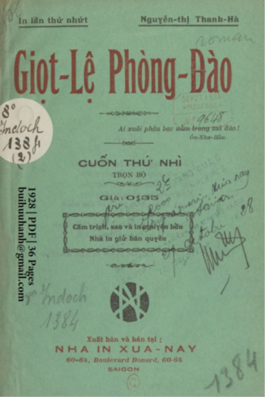 Giọt Lệ Phòng Đào Cuốn 2 (NXB Xưa Nay 1928) - Nguyễn Thị Thanh Hà, 36 Trang