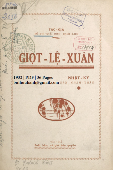 Giọt Lệ Xuân (NXB Tân Dân 1932) - Đỗ Thị Quế, 36 Trang