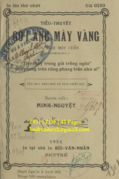 Gởi Áng Mây Vàng (NXB Bùi Văn Nhẩn 1931) - Minh Nguyệt, 42 Trang
