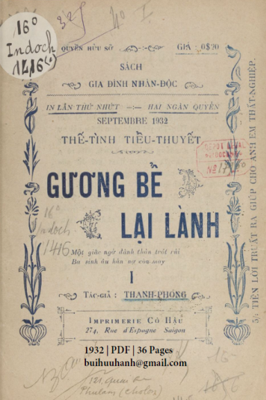 Gương Bể Lại Lành Cuốn 1 (NXB Cô Hậu 1932) - Thanh Phong, 36 Trang