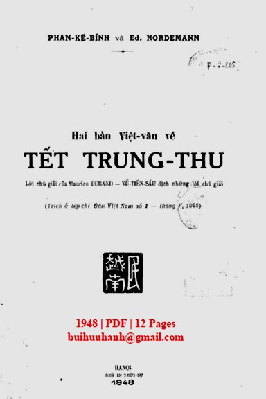 Hai Bản Việt Văn Về Tết Trung Thu (NXB Thời Sự 1948) - Phan Kế Bính, 12 Trang