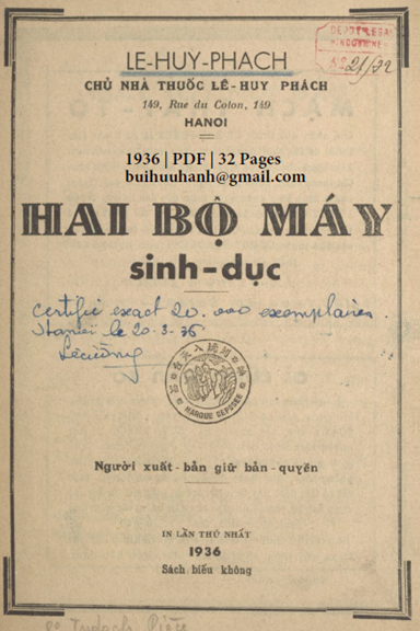 Hai Bộ Máy Sinh Dục (NXB Lê Cường 1936) - Lê Huy Phách, 32 Trang