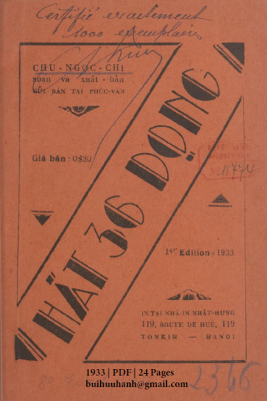 Hát 36 Dọng (NXB Nhật Hưng 1933) - Chu Ngọc Chi, 24 Trang