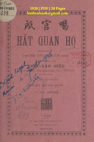 Hát Quan Họ (NXB Thụy Ký 1928) - Chu Ngọc Chi, 20 Trang