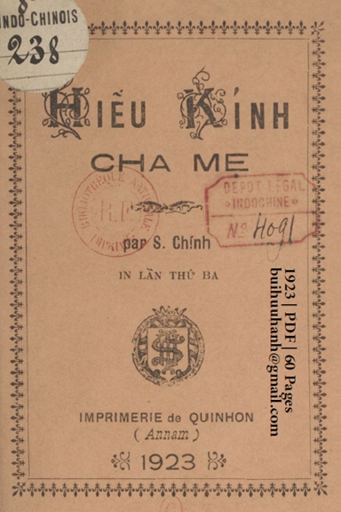 Hiếu Kính Cha Mẹ (NXB Qui Nhơn 1923) - Simon Chính, 60 Trang