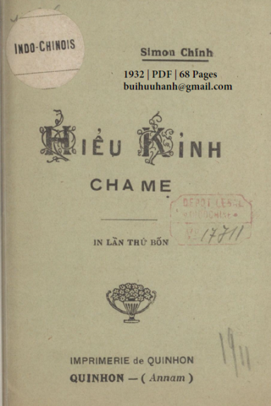 Hiếu Kính Cha Mẹ (NXB Qui Nhơn 1932) - Simon Chính, 68 Trang