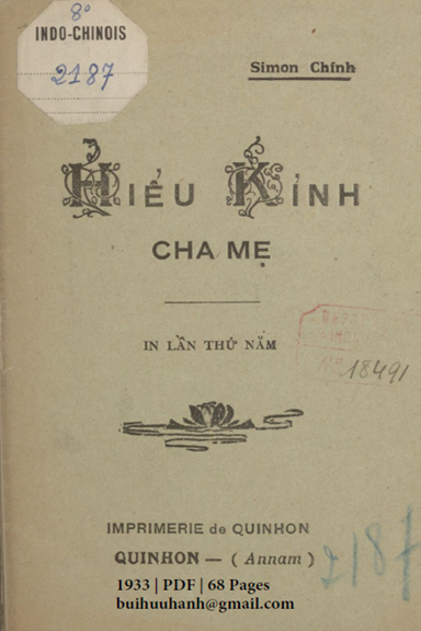 Hiếu Kính Cha Mẹ (NXB Qui Nhơn 1933) - Simon Chính, 68 Trang