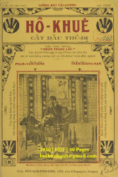 Hồ Khuê Cắt Đầu Thủ Bị (NXB Đức Lưu Phương 1930) - Phạm Văn Thình, 40 Trang
