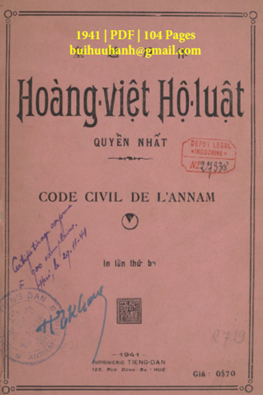 Hoàng Việt Hộ Luật Quyển I (NXB Tiếng Dân 1941) - Nhiều Tác Giả, 104 Trang
