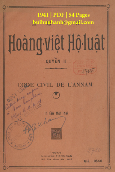 Hoàng Việt Hộ Luật Quyển II (NXB Tiếng Dân 1941) - Nhiều Tác Giả, 54 Trang