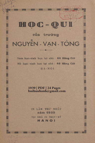 Học Qui Của Trường Nguyễn Vạn Tòng (NXB Thụy Ký 1939) - Nguyễn Vạn Tòng, 24 Trang