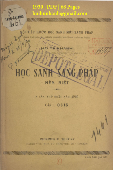 Học Sanh Sang Pháp Nên Biết (NXB Thụy Ký 1930) - Hồ Tá Khanh, 68 Trang