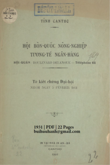 Hội Bổn Quốc Nông Nghiệp Tương Tế Ngân Hàng (NXB An Hà 1931) - Nhiều Tác Giả, 22 Trang