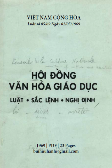 Hội Đồng Văn Hóa Giáo Dục Luật-Sắc Lệnh-Nghị Định (NXB Sài Gòn 1969) - Trần Lưu Cung, 23 Trang