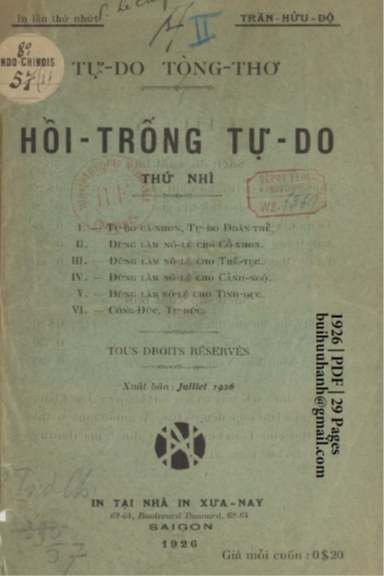 Hồi Trống Tự Do Thứ 2 (NXB Xưa Nay 1926) - Trần Hữu Độ, 29 Trang