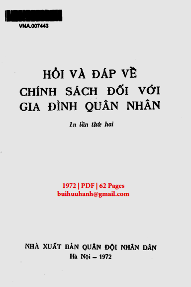 Hỏi Và Đáp Về Chính Sách Đối Với Gia Đình Quân Nhân (NXB Quân Đội 1972) - Nhiều Tác Giả, 62 Trang