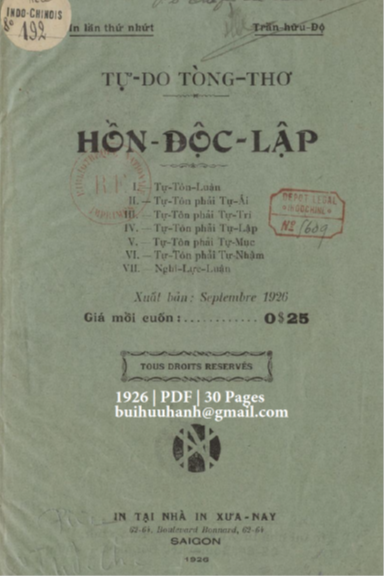 Hồn Độc Lập (NXB Xưa Nay 1926) - Trần Hữu Độ, 30 Trang