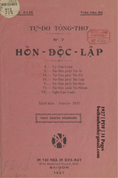Hồn Độc Lập (NXB Xưa Nay 1927) - Trần Hữu Độ, 31 Trang