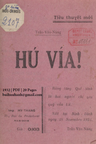 Hú Vía (NXB Mỹ Thắng 1932) - Trần Văn Năng, 20 Trang