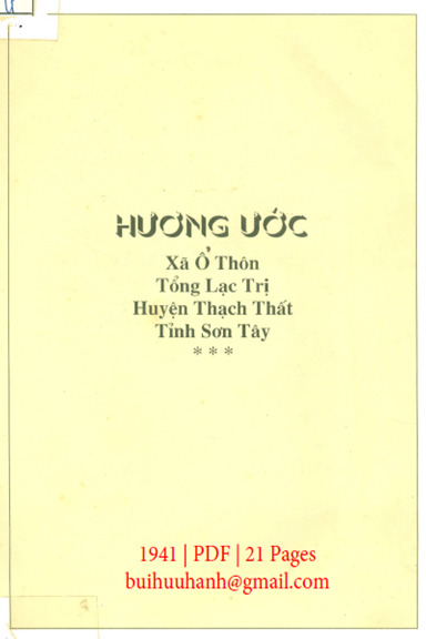 Hương Ước Xã Ổ Thôn-Tổng Lạc Trị-Huyện Thạch Thất-Tỉnh Sơn Tây (NXB Hà Tây 1941) - Nhiều Tác Giả