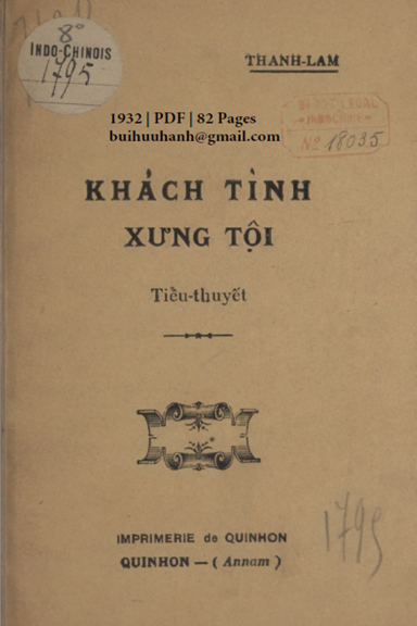 Khách Tình Xưng Tội (NXB Qui Nhơn 1932) - Thanh Lam, 82 Trang