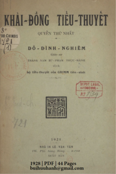Khải Đồng Tiểu Thuyết Quyển 1 (NXB Lê Văn Tân 1928) - Jacob Grimm, 44 Trang