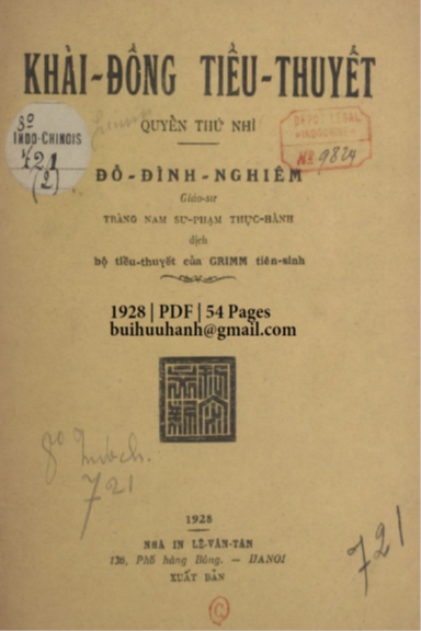 Khải Đồng Tiểu Thuyết Quyển 2 (NXB Lê Văn Tân 1928) - Jacob Grimm, 54 Trang