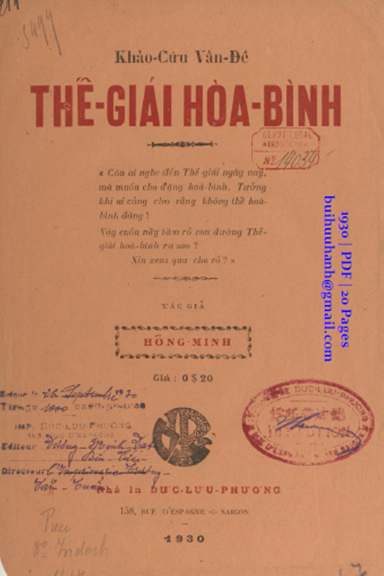 Khảo Cứu Vấn Đề Thế Giái Hòa Bình (NXB Đức Lưu Phương 1930) - Hồng Minh, 20 Trang