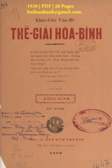 Khảo Cứu Về Vấn Đề Thế Giái Hòa Bình (NXB Đức Lưu Phương 1930) - Hồng Minh, 20 Trang