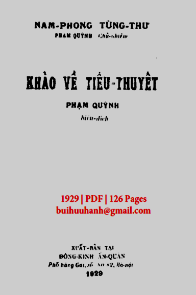 Khảo Về Tiểu Thuyết (NXB Đông Kinh 1929) - Phạm Quỳnh, 126 Trang