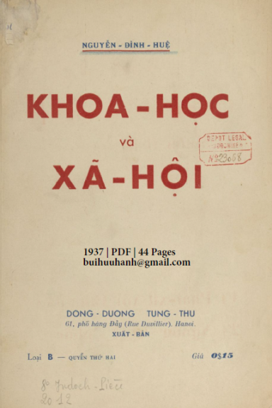 Khoa Học Và Xã Hội (NXB Đông Dương 1937) - Nguyễn Đình Huệ, 44 Trang