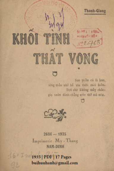 Khối Tình Thất Vọng (NXB Mỹ Thắng 1935) - Thanh Giang, 17 Trang