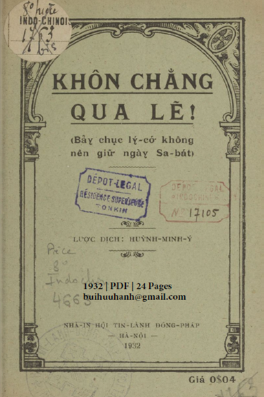 Khôn Chẳng Qua Lẽ (NXB Tin Lành 1932) - Huỳnh Minh Ý, 24 Trang