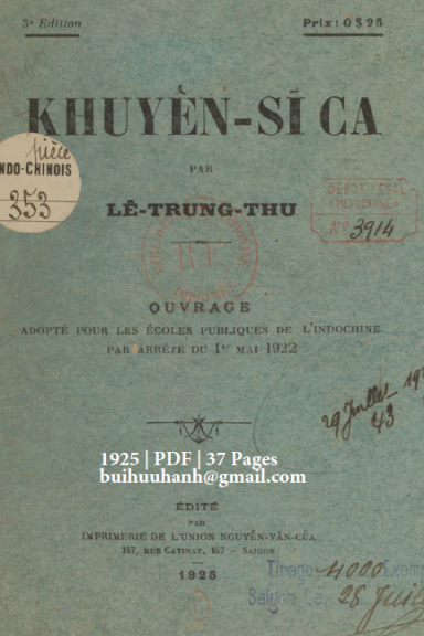 Khuyến Sĩ Ca (NXB Nguyễn Văn Của 1925) - Lê Trung Thu, 37 Trang