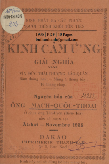 Kinh Cảm Ứng Giải Nghĩa (NXB Thanh Tân 1935) - Mạch Quốc Thoại, 40 Trang