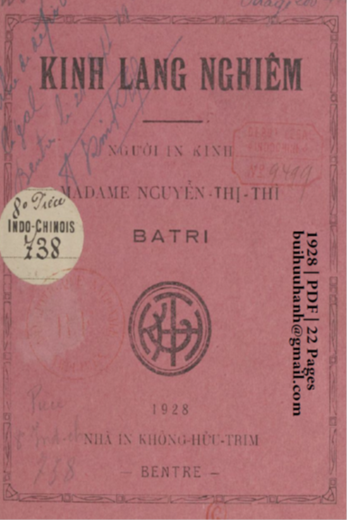 Kinh Lang Nghiêm (NXB Khổng Hữu Trim 1928) - Nguyễn Thị Thì, 22 Trang