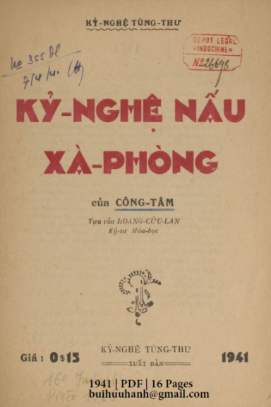Kỷ Nghệ Nấu Xà Phòng (NXB Kỷ Nghệ Tùng Thư 1941) - Công Tâm, 16 Trang