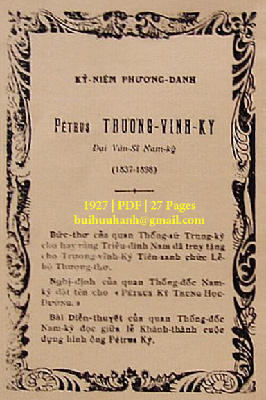 Kỷ Niệm Phương Danh Petrus Trương Vĩnh Ký (NXB Sài Gòn 1927) - De La Brosse, 27 Trang