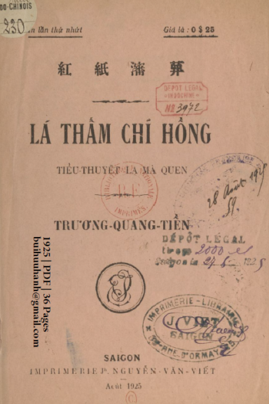 Lá Thấm Chỉ Hồng (NXB Nguyễn Văn Viết 1925) - Trương Quang Tiền, 36 Trang