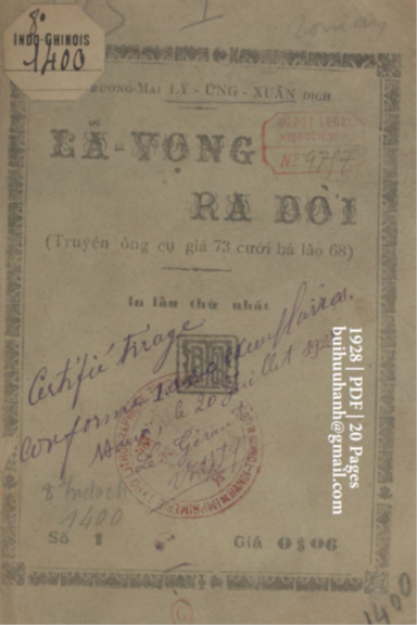 Lã Vọng Ra Đời Số 1 (NXB Thực Nghiệp 1928) - Lý Ứng Xuân, 20 Trang