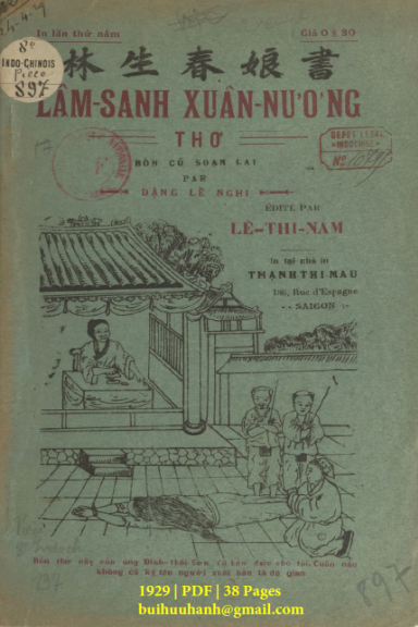 Lâm Sanh Xuân Nương (NXB Thạnh Thị Mậu 1929) - Đặng Lễ Nghi, 38 Trang