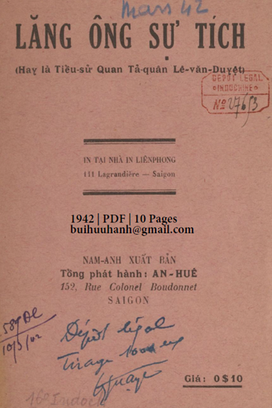 Lăng Ông Sự Tích (NXB Nam Anh 1942) - Phạm Quang Tự, 10 Trang
