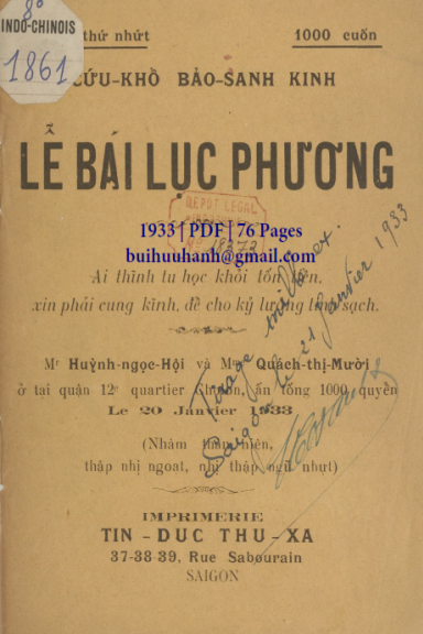 Lễ Bái Lục Phương (NXB Tín Đức Thư Xã 1933) - Huỳnh Ngọc Hội, 76 Trang