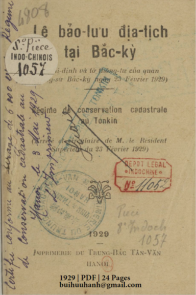 Lệ Bảo Lưu Địa Tịch Tại Bắc Kỳ (NXB Trung Bắc Tân Văn 1929) - Tonkin, 24 Trang